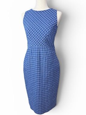 Altuzarra Blue Plaid Sleeveless Sheath Dress. Fitted Cotton